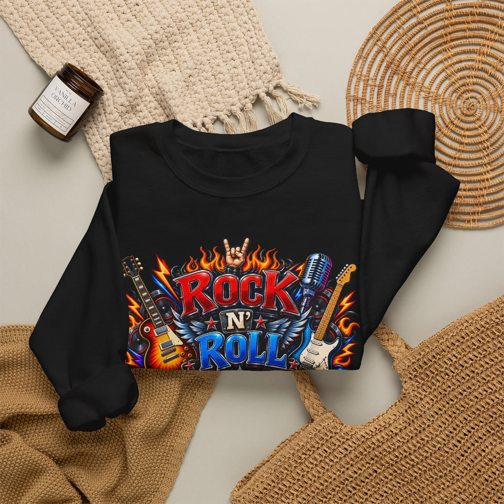 Rock 'N' Roll Graphic Sweatshirt — Retro Guitar Band Crewneck
