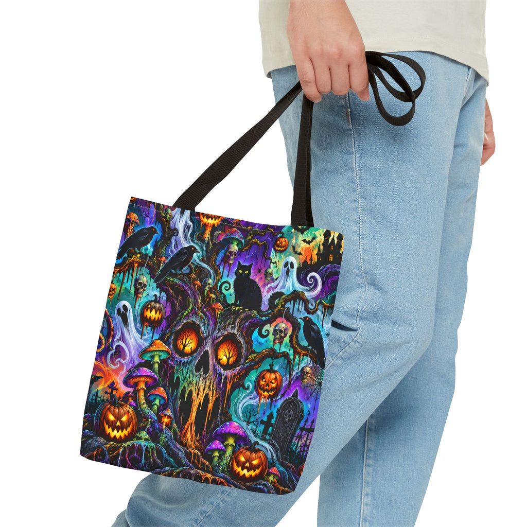 Halloween Haunted Pumpkin Tote Bag — Spooky Cat & Ghosts All-Over Print