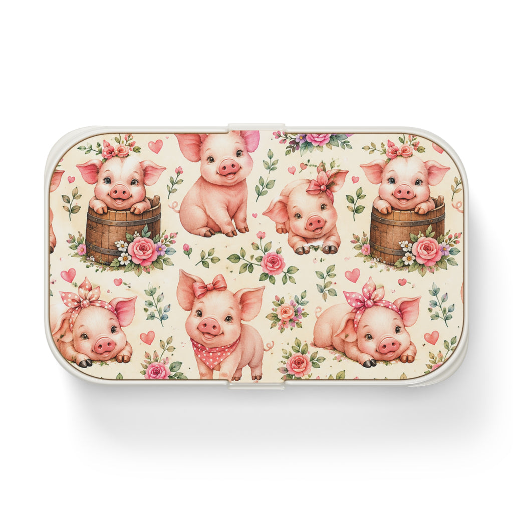 Cute Piglet Bento Lunch Box — Retro Floral Kawaii Kids Lunchbox