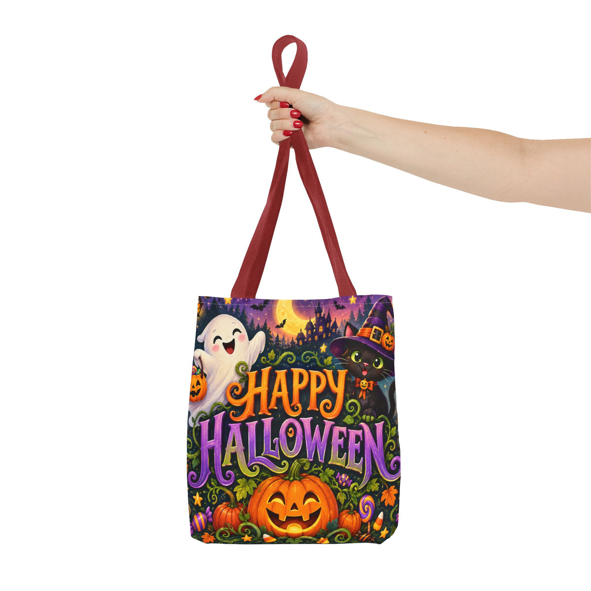 Halloween Tote Bag — Cute Ghost, Black Cat & Pumpkin Trick-or-Treat Candy Bag