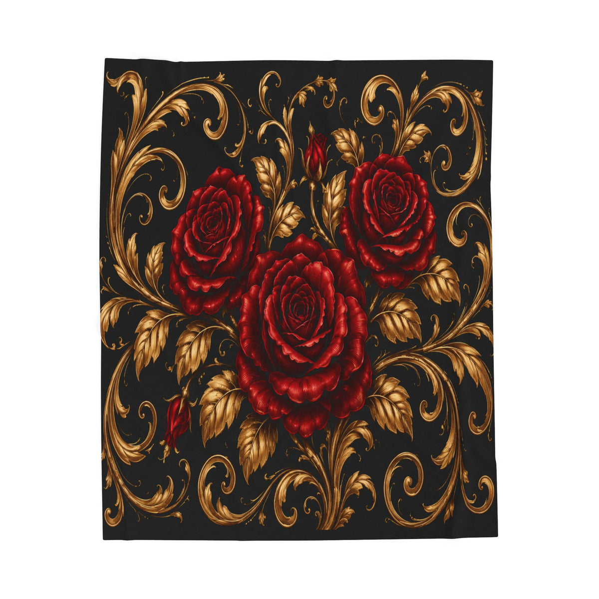 Velveteen Blanket - Baroque Red Roses on Black Plush Throw