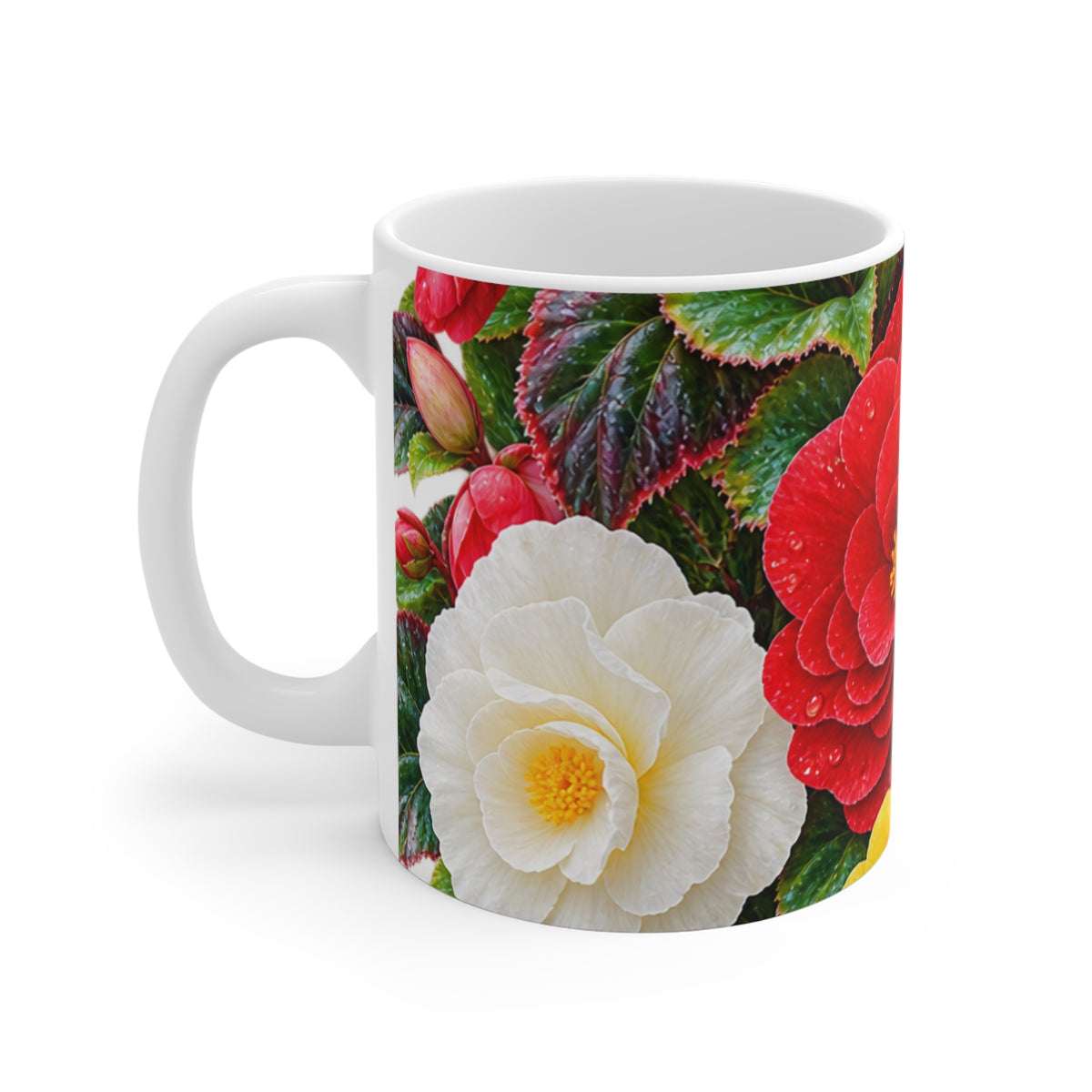 Floral Begonia Pattern Mug — Colorful Red & White Flower 11oz Ceramic