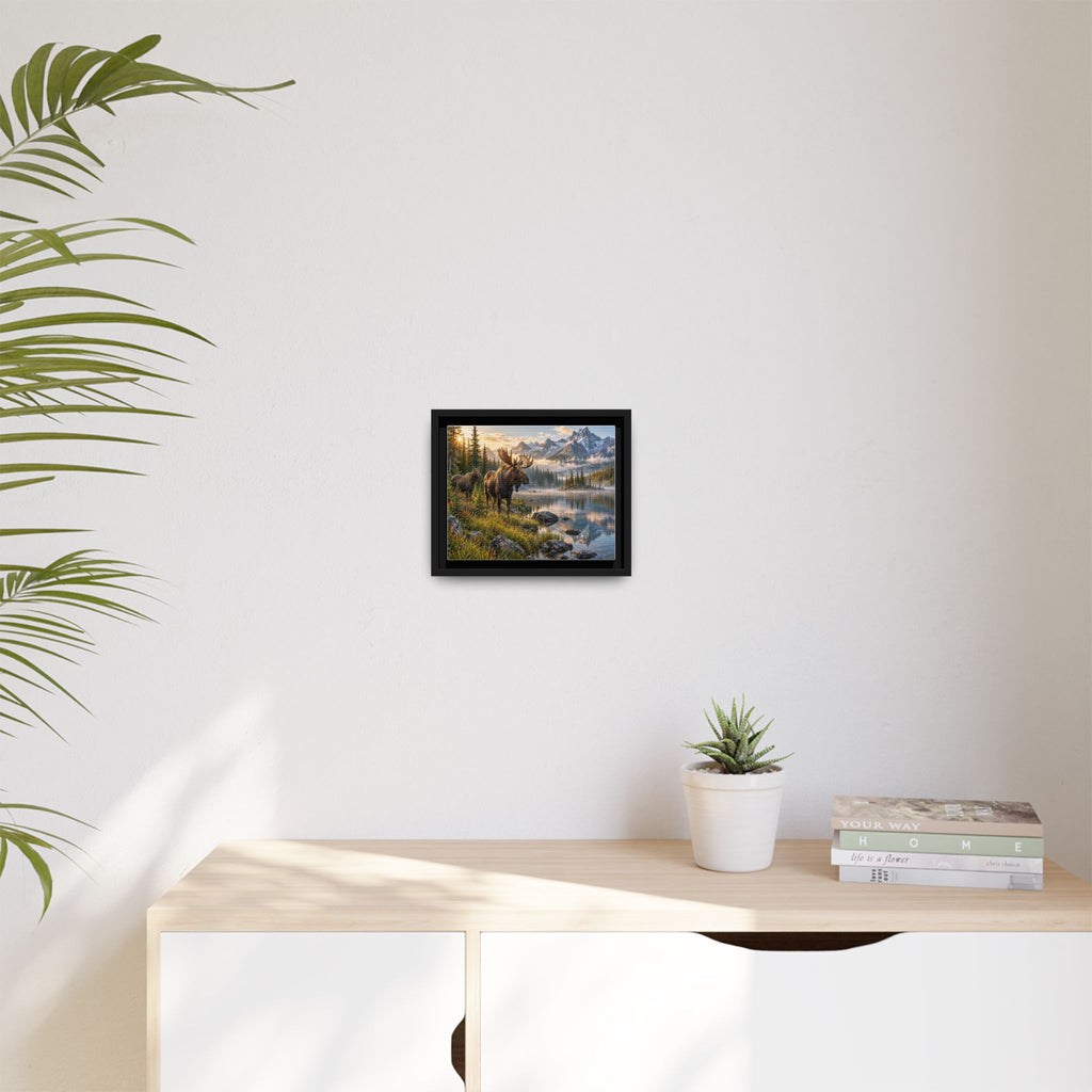 Framed Moose Canvas Wall Art — Mountain Lake Nature Print