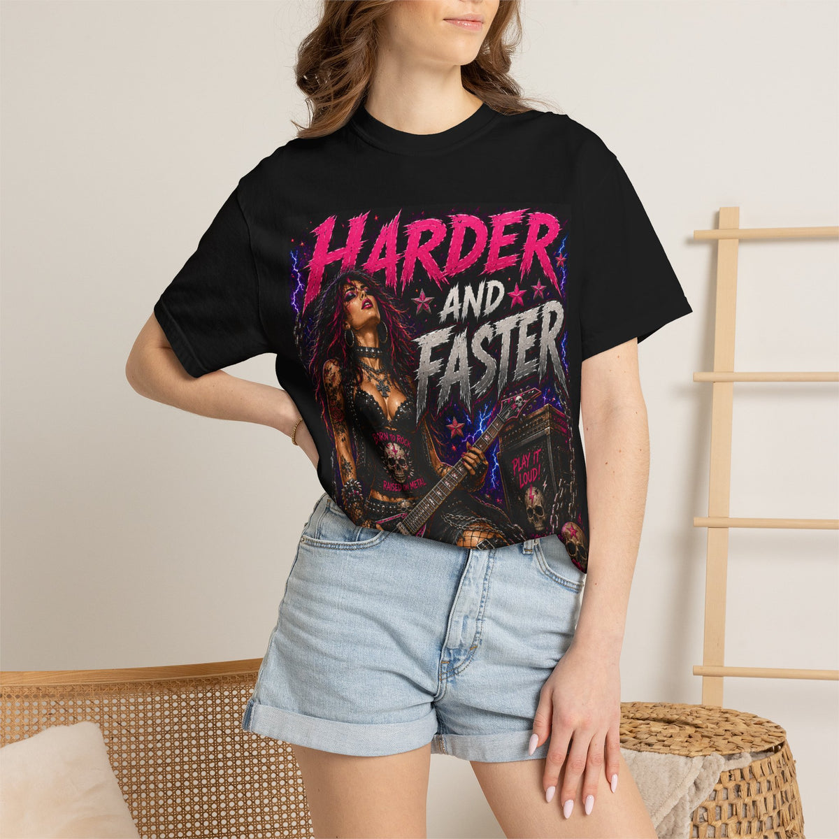 Harder and Faster Guitar Girl T-Shirt | Heavy Metal Rock Tee