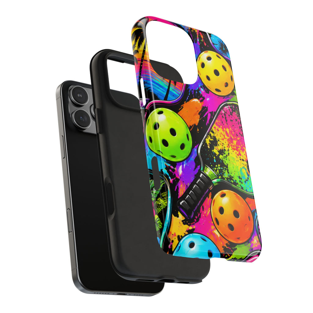 Pickleball Splash Tough Phone Case — Neon Paddle & Ball Protective Cover