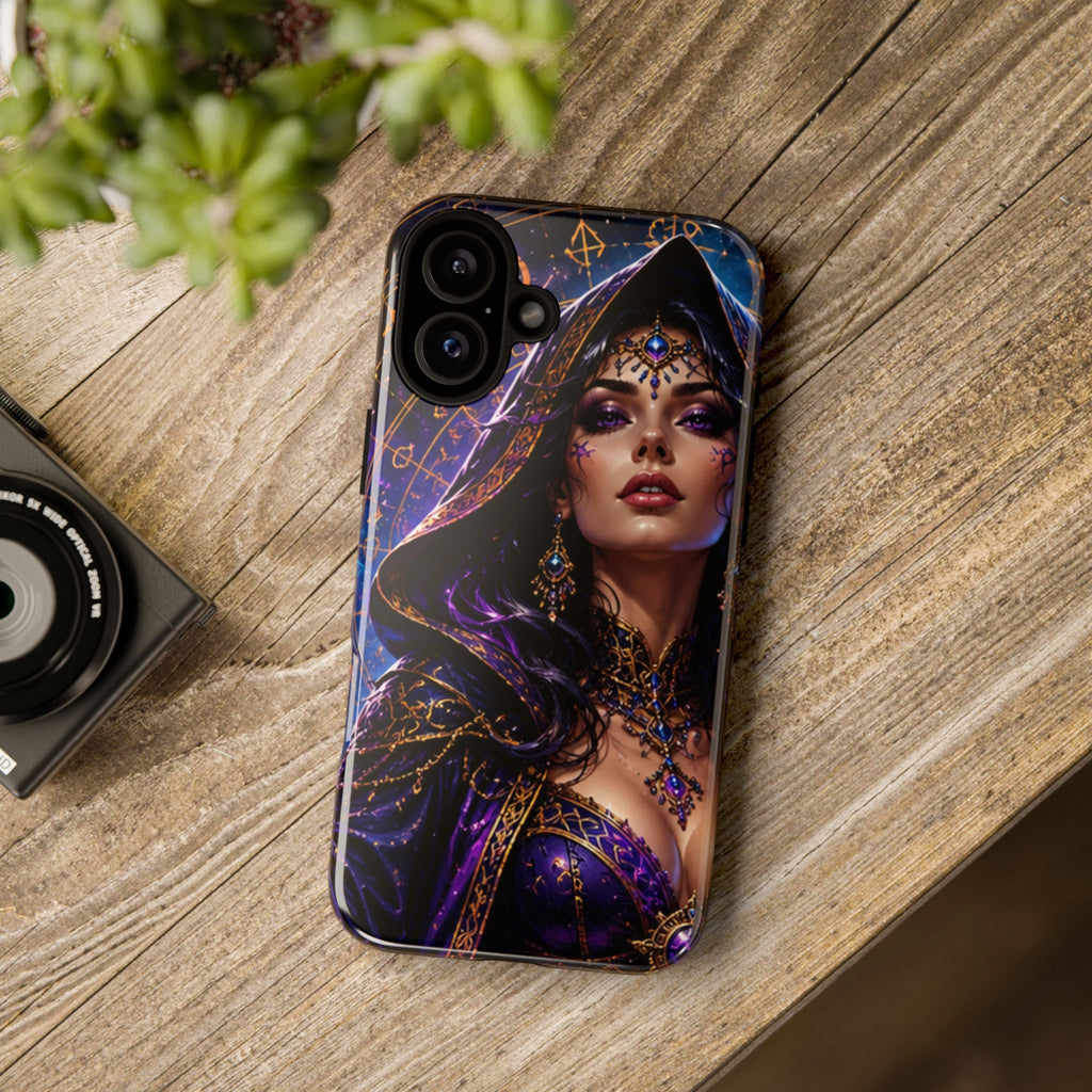 Phone Case — Mystical Sorceress Art Protective Tough Case (Astrology, Purple Hooded Witch)