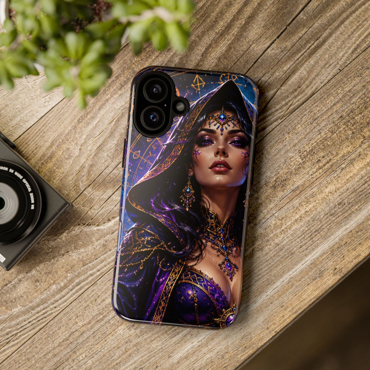 Phone Case — Mystical Sorceress Art Protective Tough Case (Astrology, Purple Hooded Witch)