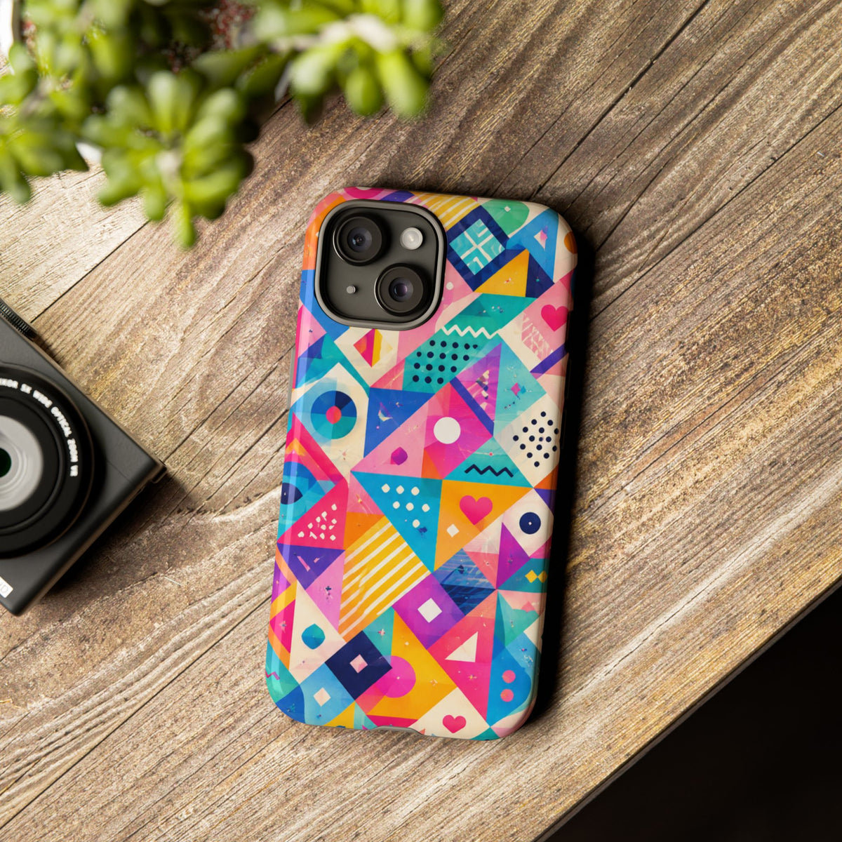 Colorful Geometric Tough Phone Case — Bright Abstract Heart & Triangle Pattern