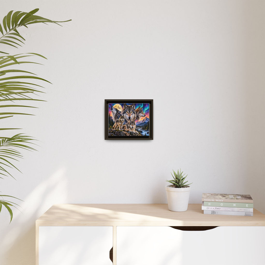 Framed Wolf Pack Matte Canvas Wall Art — Northern Lights Wilderness Scene