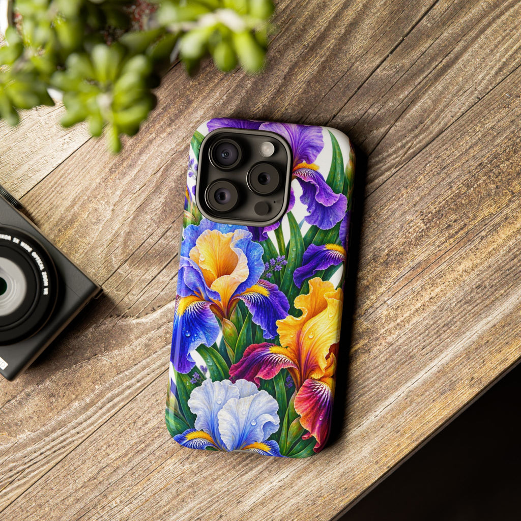Floral Iris Tough Phone Case — Colorful Watercolor Iris Protective Cover
