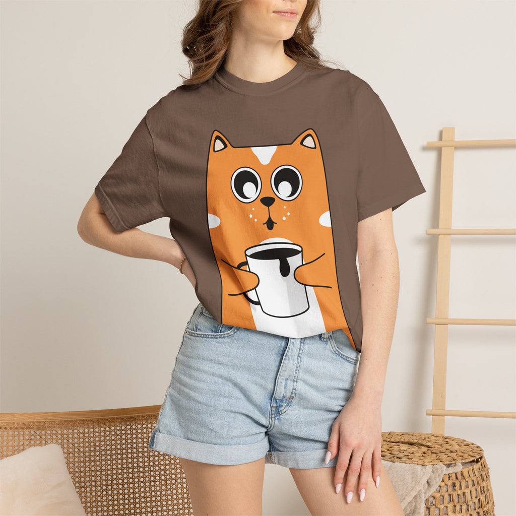 Coffee Cat T-Shirt — Cute Cat Holding Coffee Mug, “My morning doesn’t start until the coffee clocks in” Tee