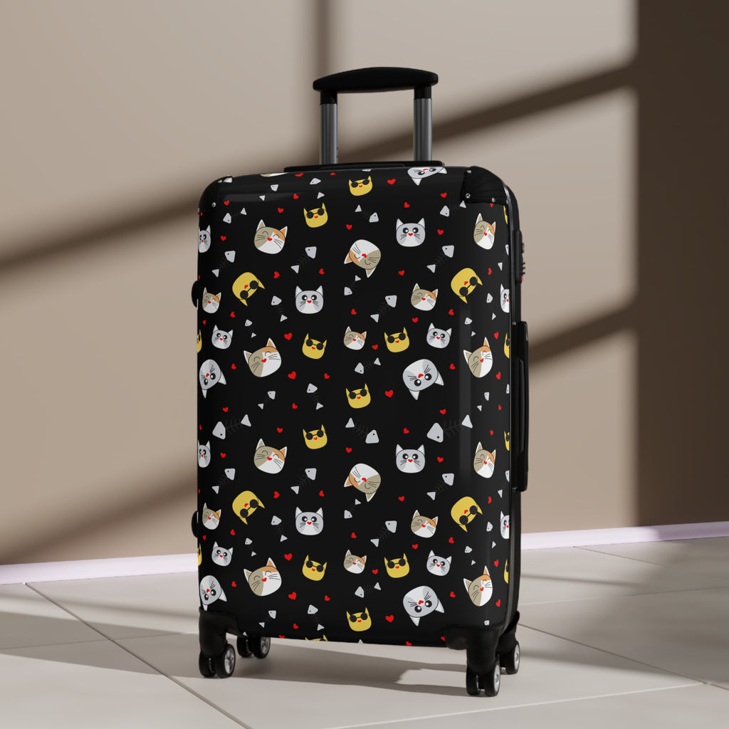 Cat Crown Print Suitcase — Cute Black Travel Luggage with Emoji Cat Pattern