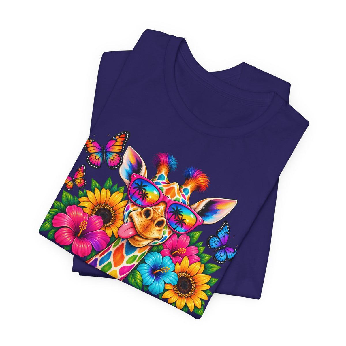 Giraffe Floral Tee — Colorful Butterfly & Sunflower Graphic T-Shirt