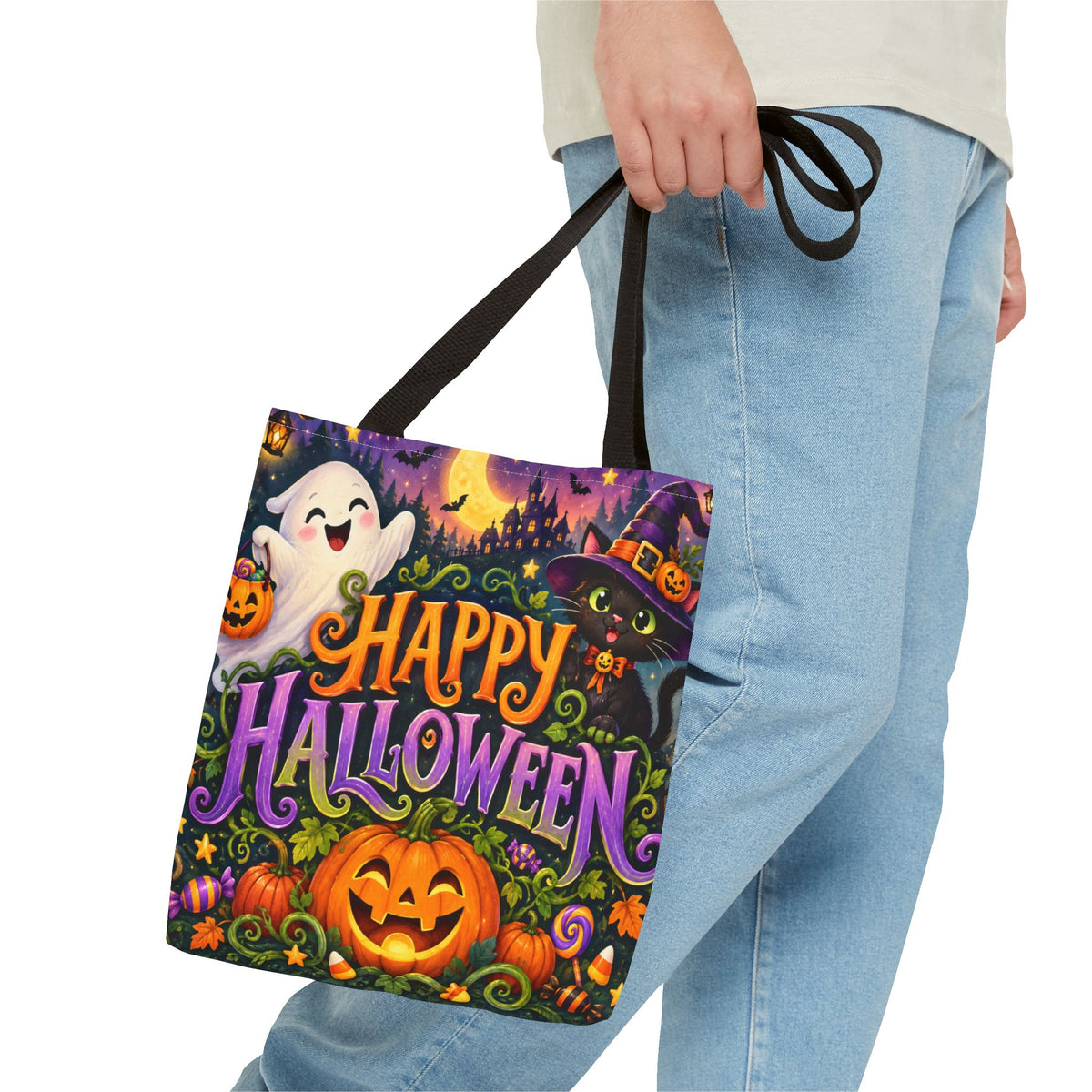 Halloween Tote Bag — Cute Ghost, Black Cat & Pumpkin Trick-or-Treat Candy Bag