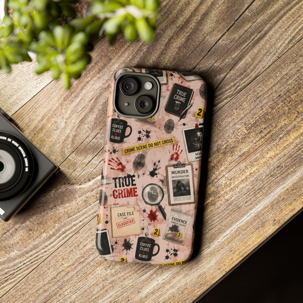 True Crime Pattern Phone Case – Detective Evidence, Crime Scene Tape & 'True Crime' Design