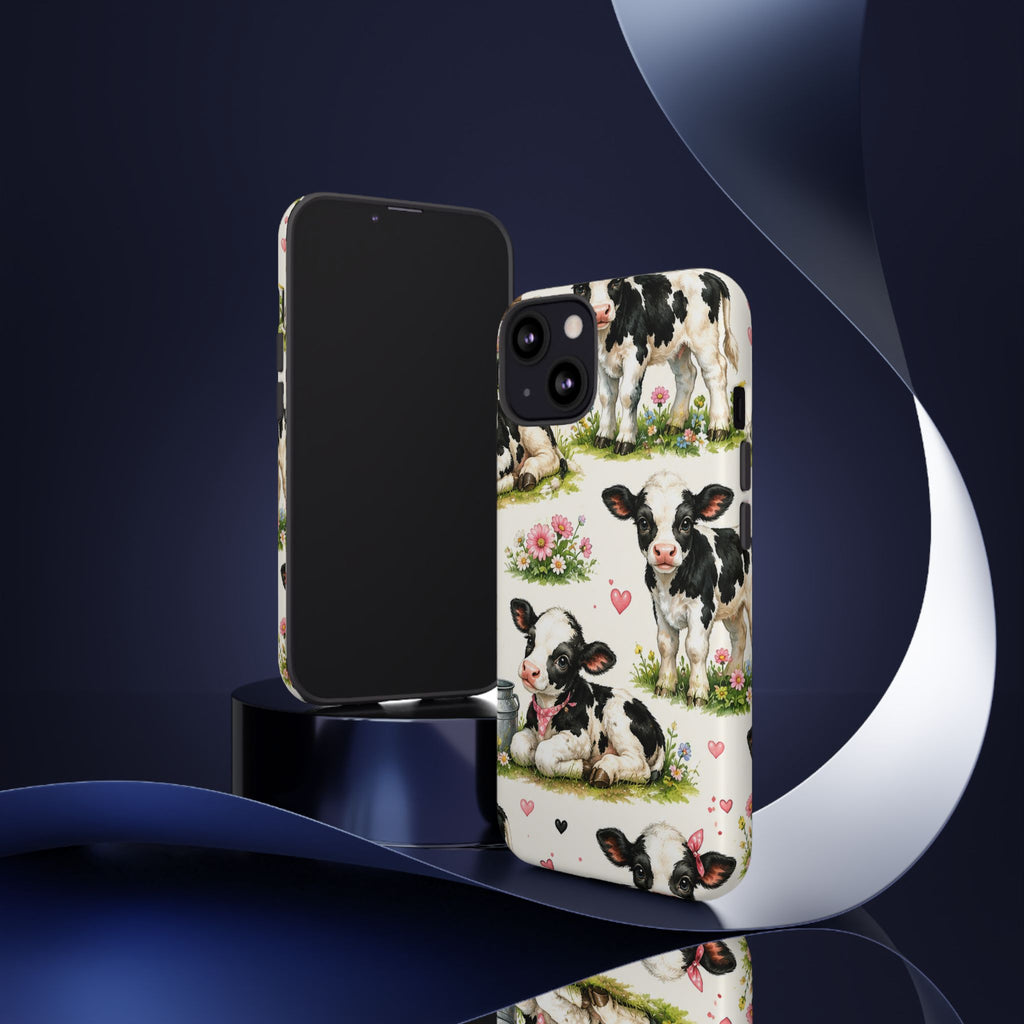 Cute Calf Pattern Phone Case – Pastel Cow Hearts & Flowers Protective Cover