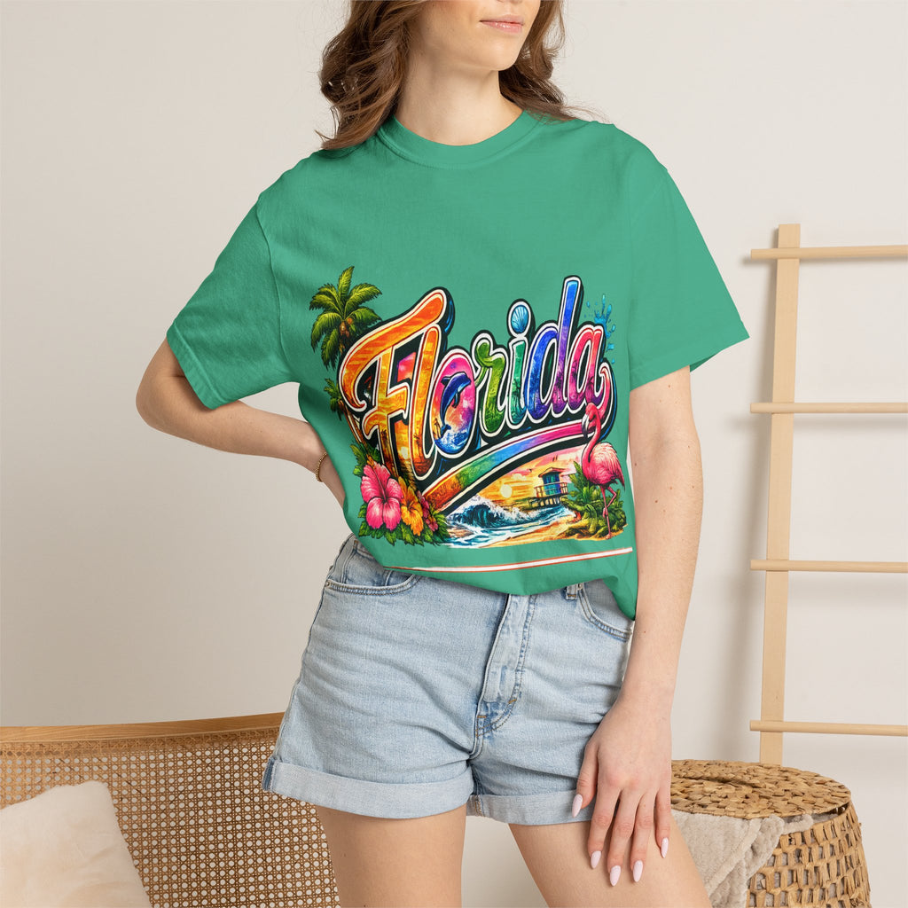 Florida Retro Palm Beach Sunset T-Shirt | Flamingo Hibiscus