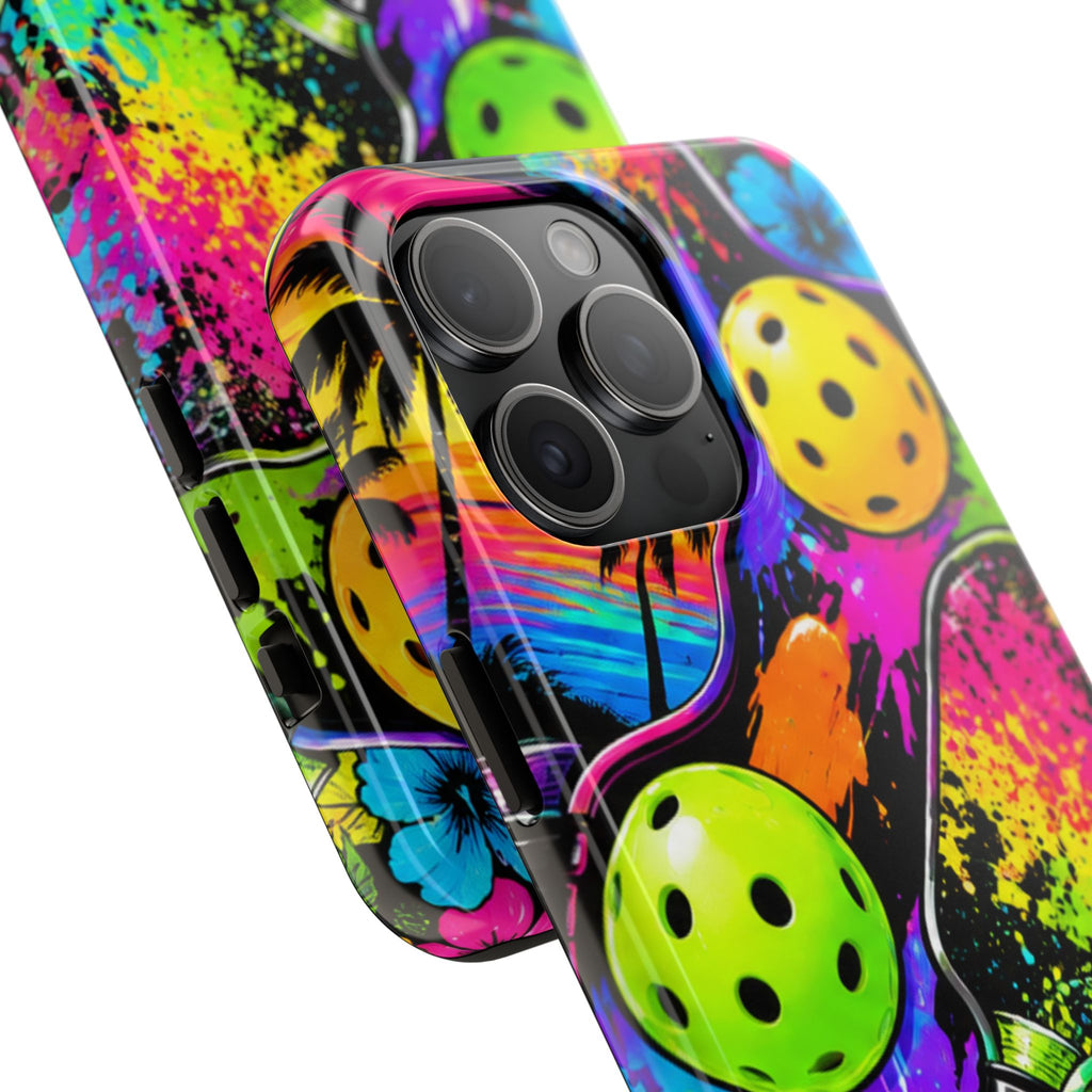 Pickleball Splash Tough Phone Case — Neon Paddle & Ball Protective Cover