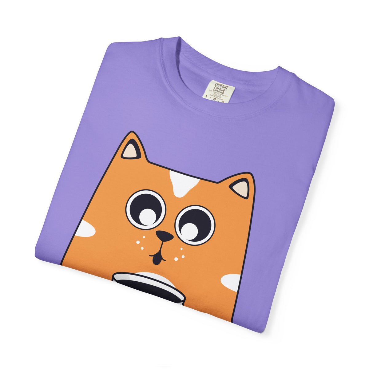 Coffee Cat T-Shirt — Cute Cat Holding Coffee Mug, “My morning doesn’t start until the coffee clocks in” Tee