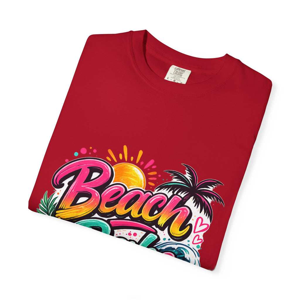 Beach Babe T-shirt | Tropical Palm Hibiscus Sunset Design