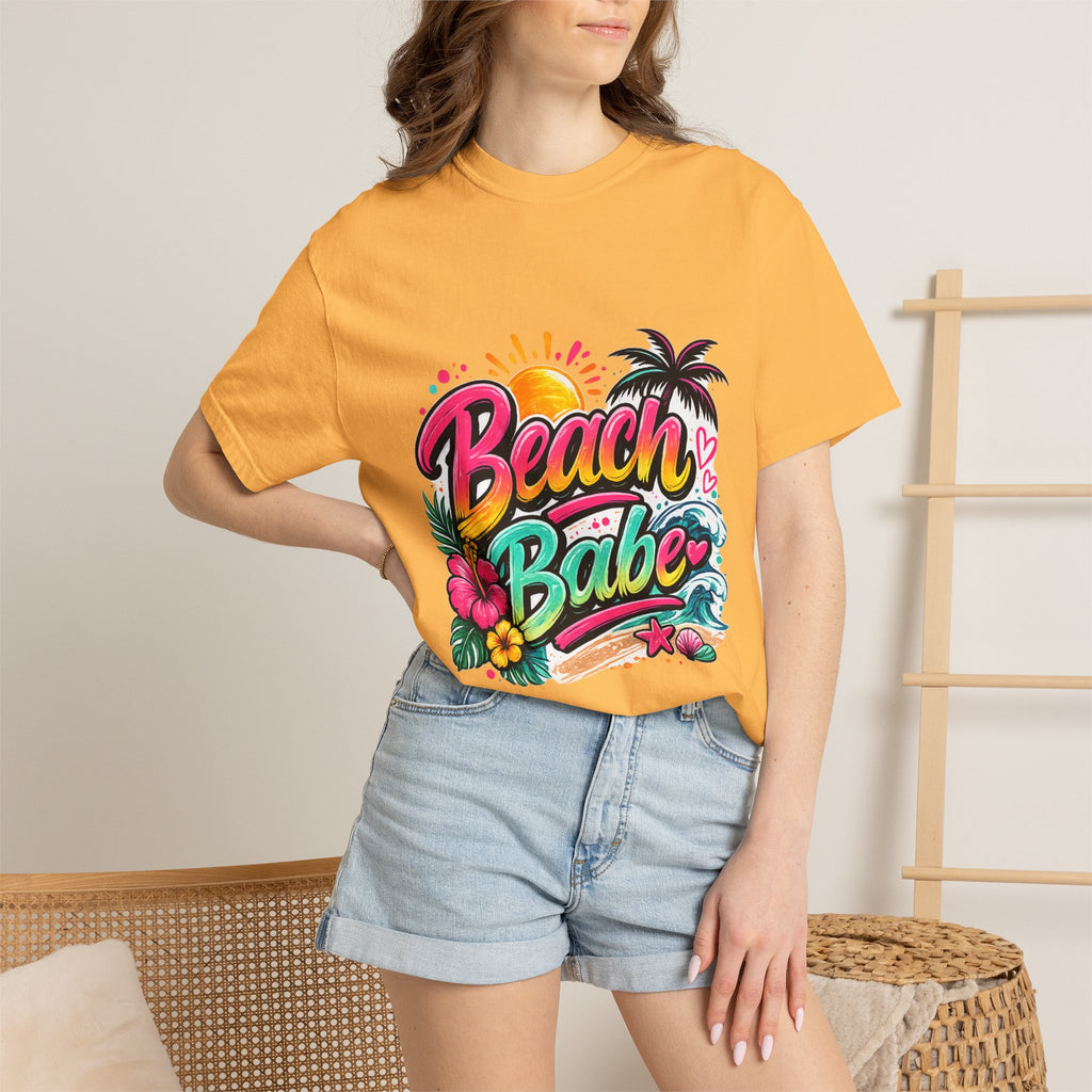 Beach Babe T-shirt | Tropical Palm Hibiscus Sunset Design