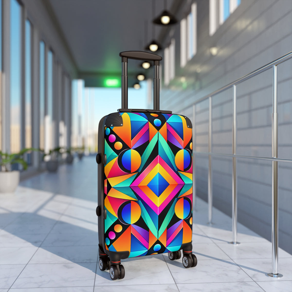 Vibrant Geometric Carry-On Suitcase — Colorful Retro Travel Luggage