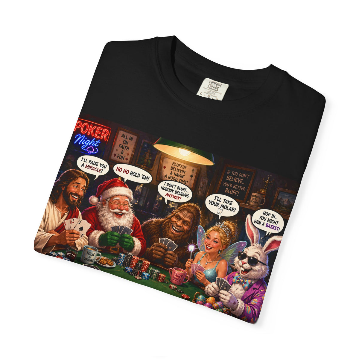 Poker Night Holiday T‑Shirt — Santa, Jesus & Bunny at the Poker Table Graphic Tee