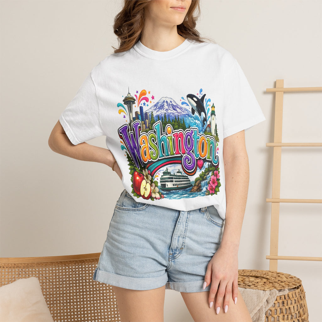 Washington State Scene T-shirt | Seattle Skyline, Orca, Apples