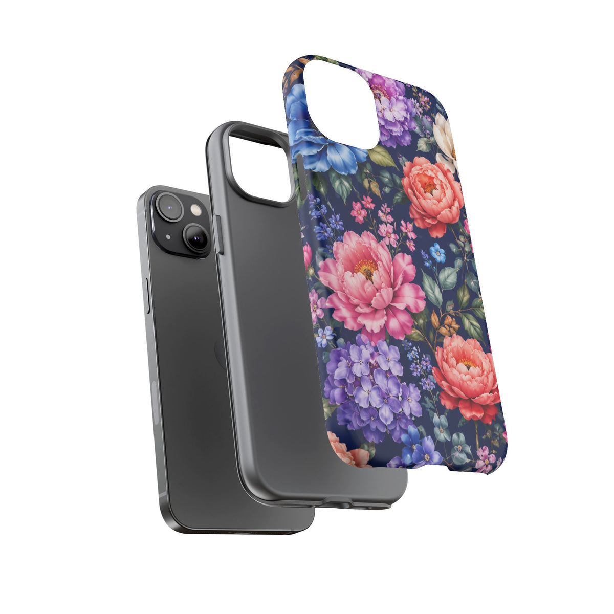 Floral Tough Phone Case – Vibrant Garden Flowers on Navy