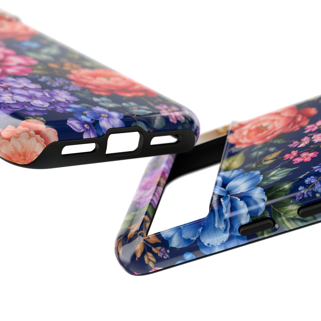 Floral Tough Phone Case – Vibrant Garden Flowers on Navy