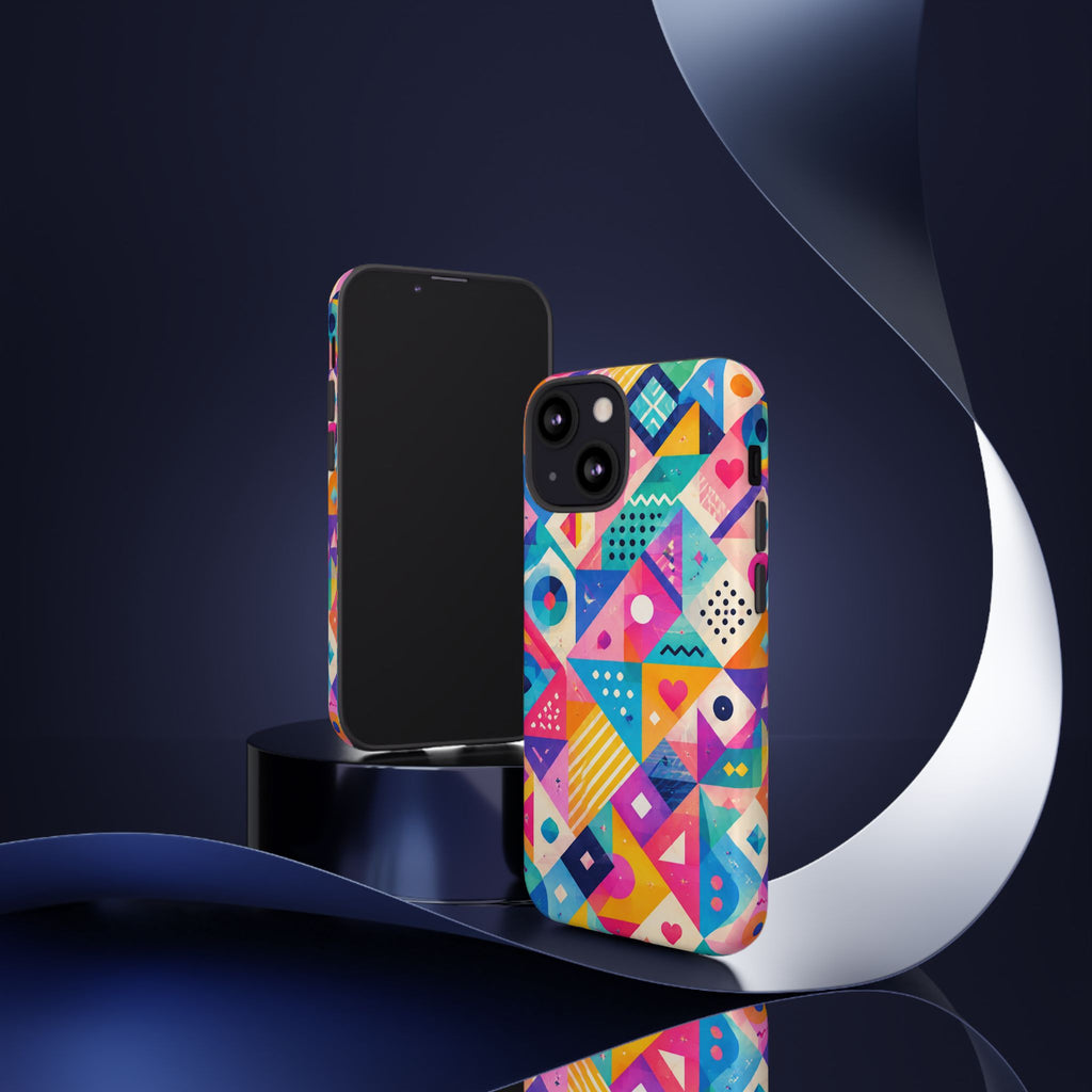 Colorful Geometric Tough Phone Case — Bright Abstract Heart & Triangle Pattern