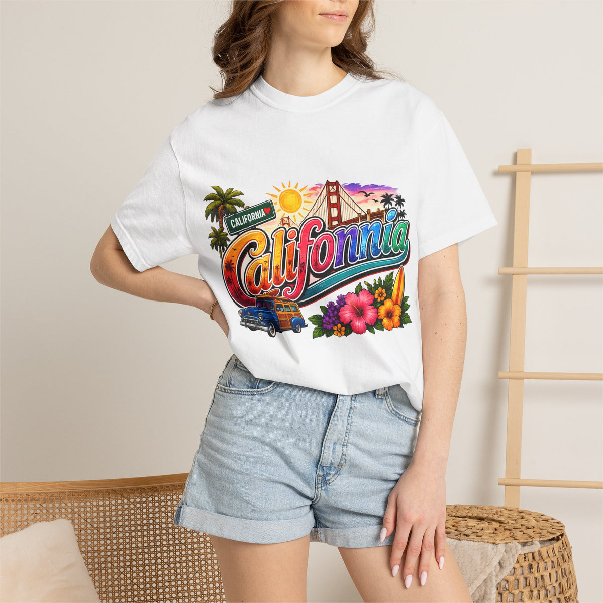 California Retro Sunset T-shirt | Golden Gate, Palm Trees & Surf