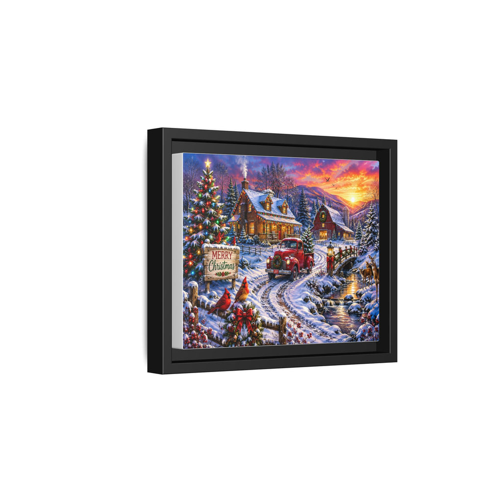 Cozy Vintage Christmas Truck Framed Canvas – "Merry Christmas" Winter Cabin Scene