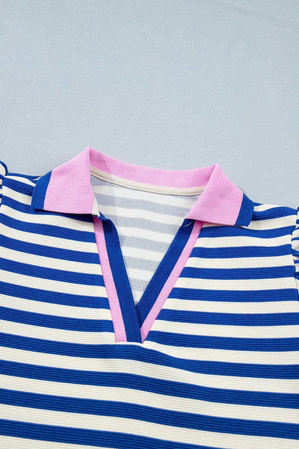 Stripe Contrast Trim Polo Collar Ruffle Sleeve Blouse
