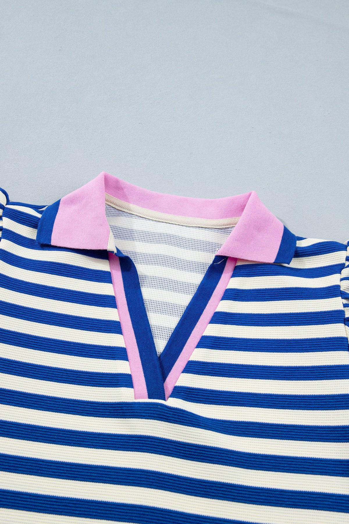 Stripe Contrast Trim Polo Collar Ruffle Sleeve Blouse