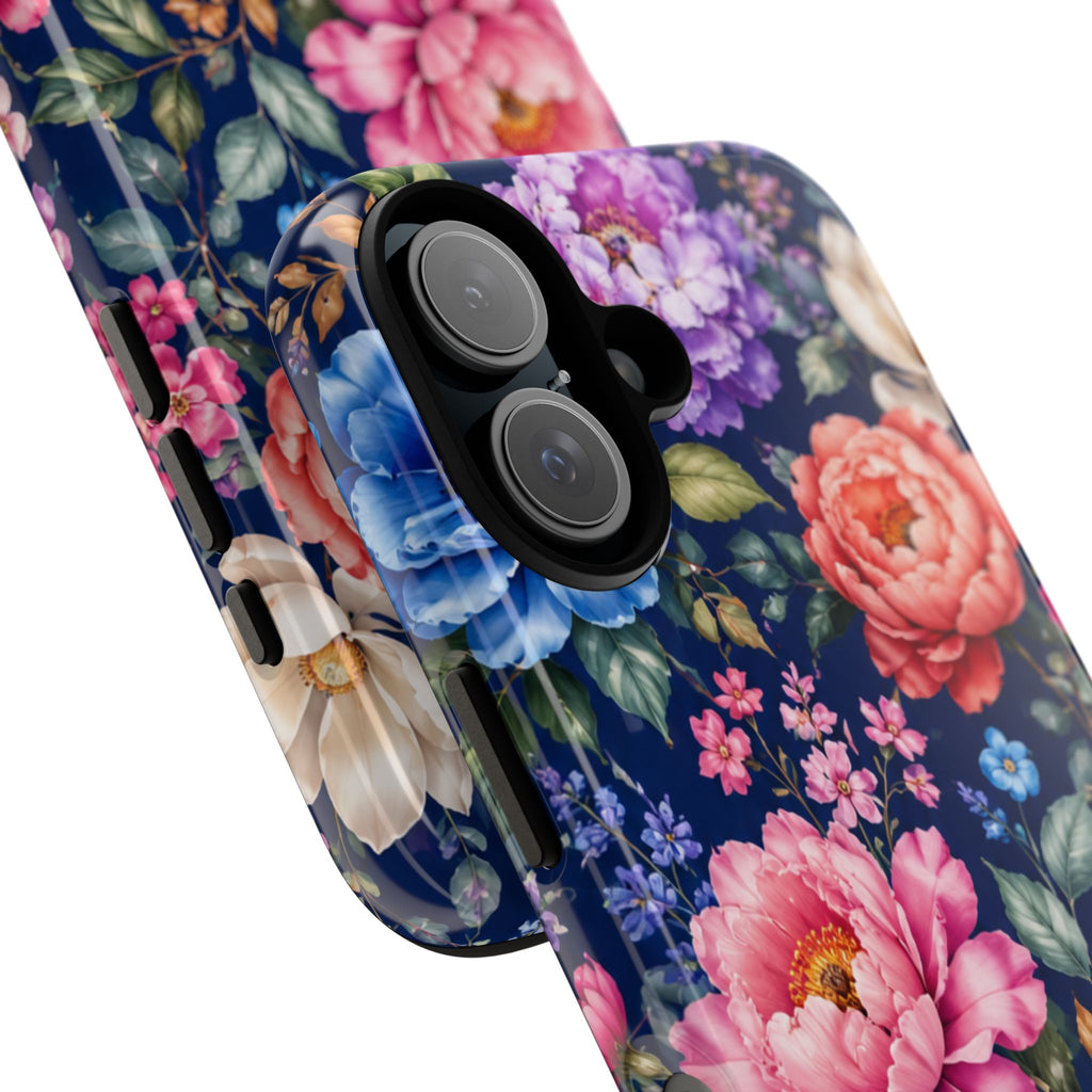Floral Tough Phone Case – Vibrant Garden Flowers on Navy