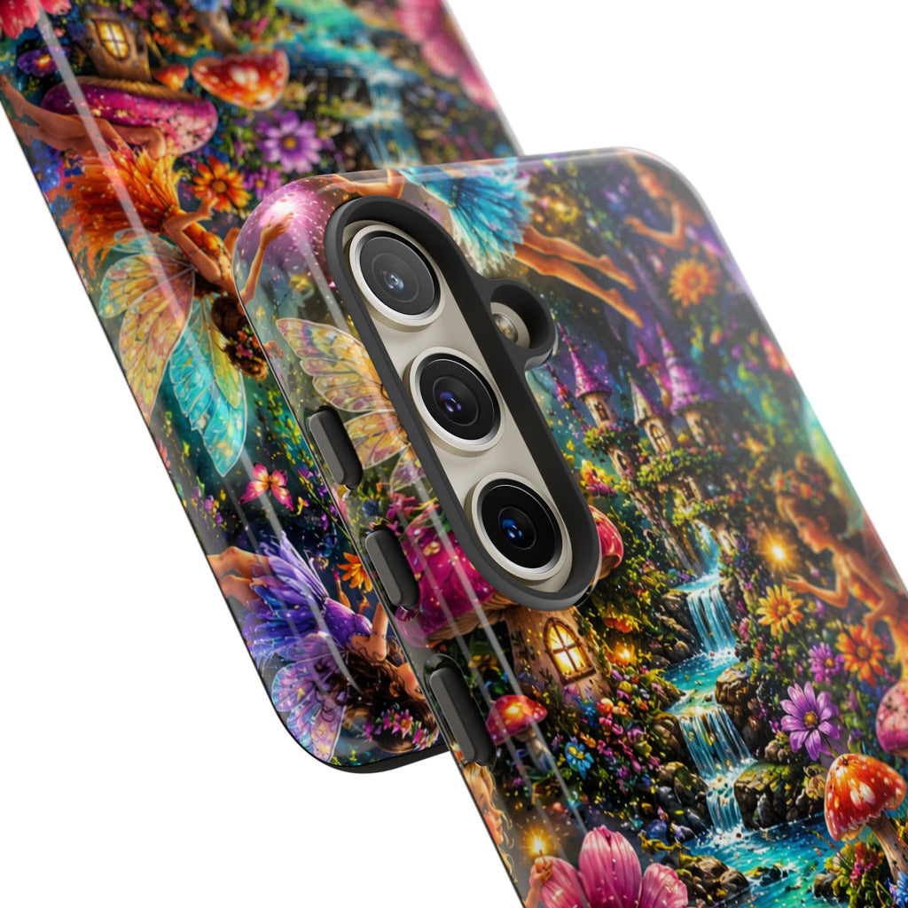Fairy Garden Tough Phone Case — Whimsical Cottage, Waterfall & Mushroom Artwork