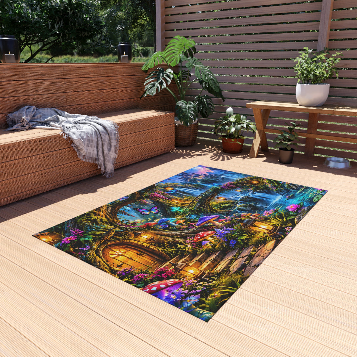 Fantasy Waterfall Outdoor Rug — Enchanted Forest Doorstep Mat