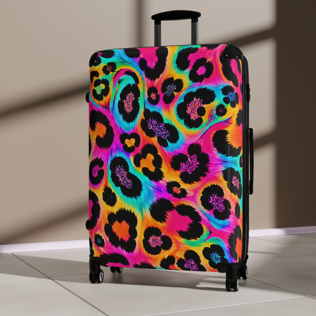 Neon Leopard Carry-On Suitcase — Bright Rainbow Animal Print Travel Luggage