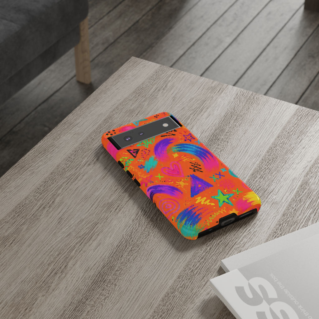 Colorful Neon Doodle Phone Case — Bright Abstract Stars & Hearts Tough Case
