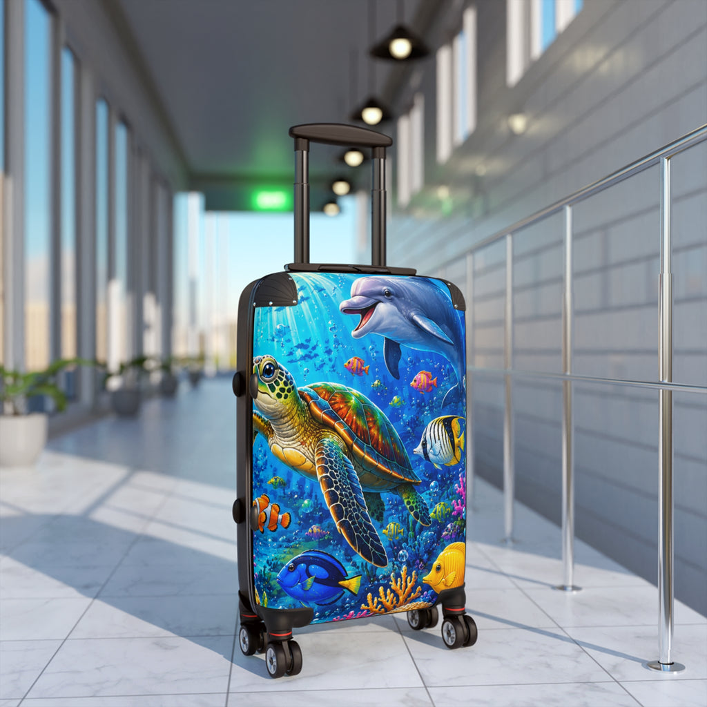 Ocean Life Carry-On Suitcase — Colorful Sea Turtle & Dolphin Luggage Cover