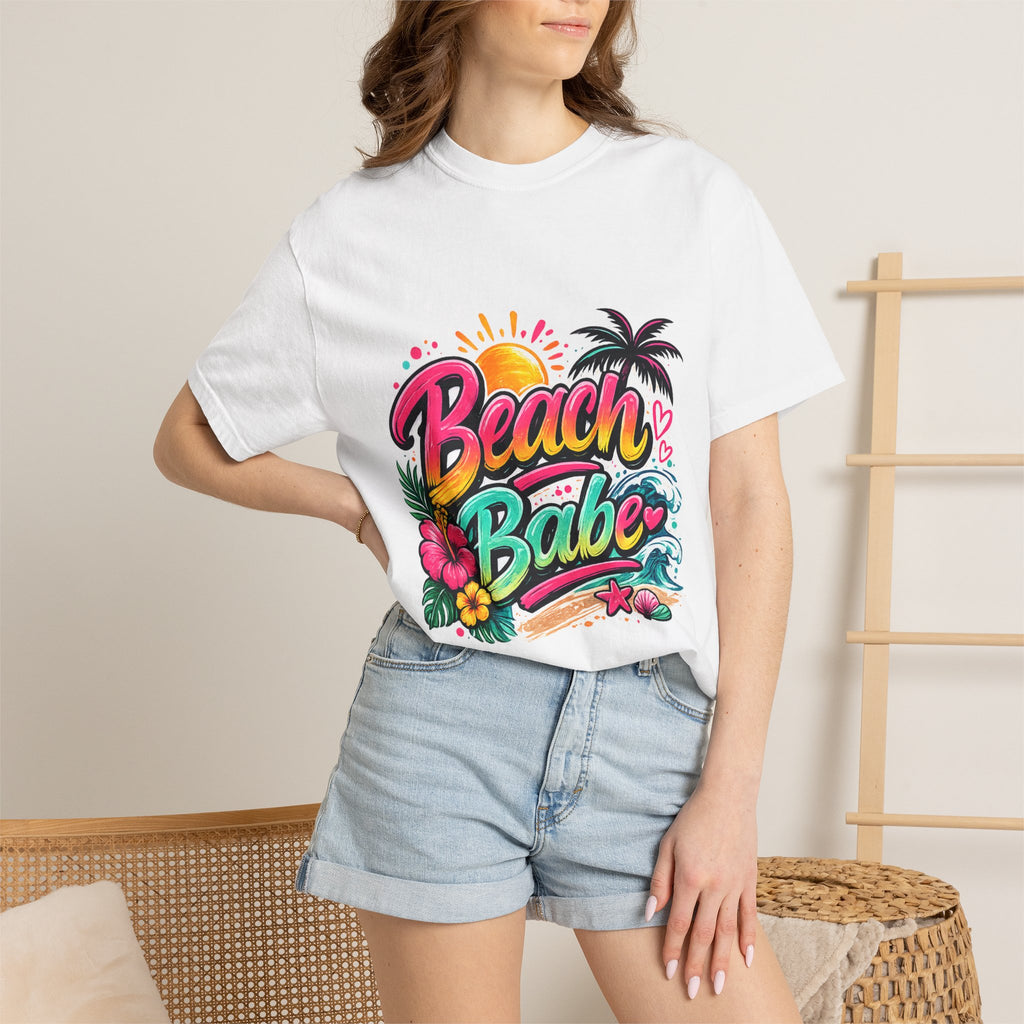 Beach Babe T-shirt | Tropical Palm Hibiscus Sunset Design