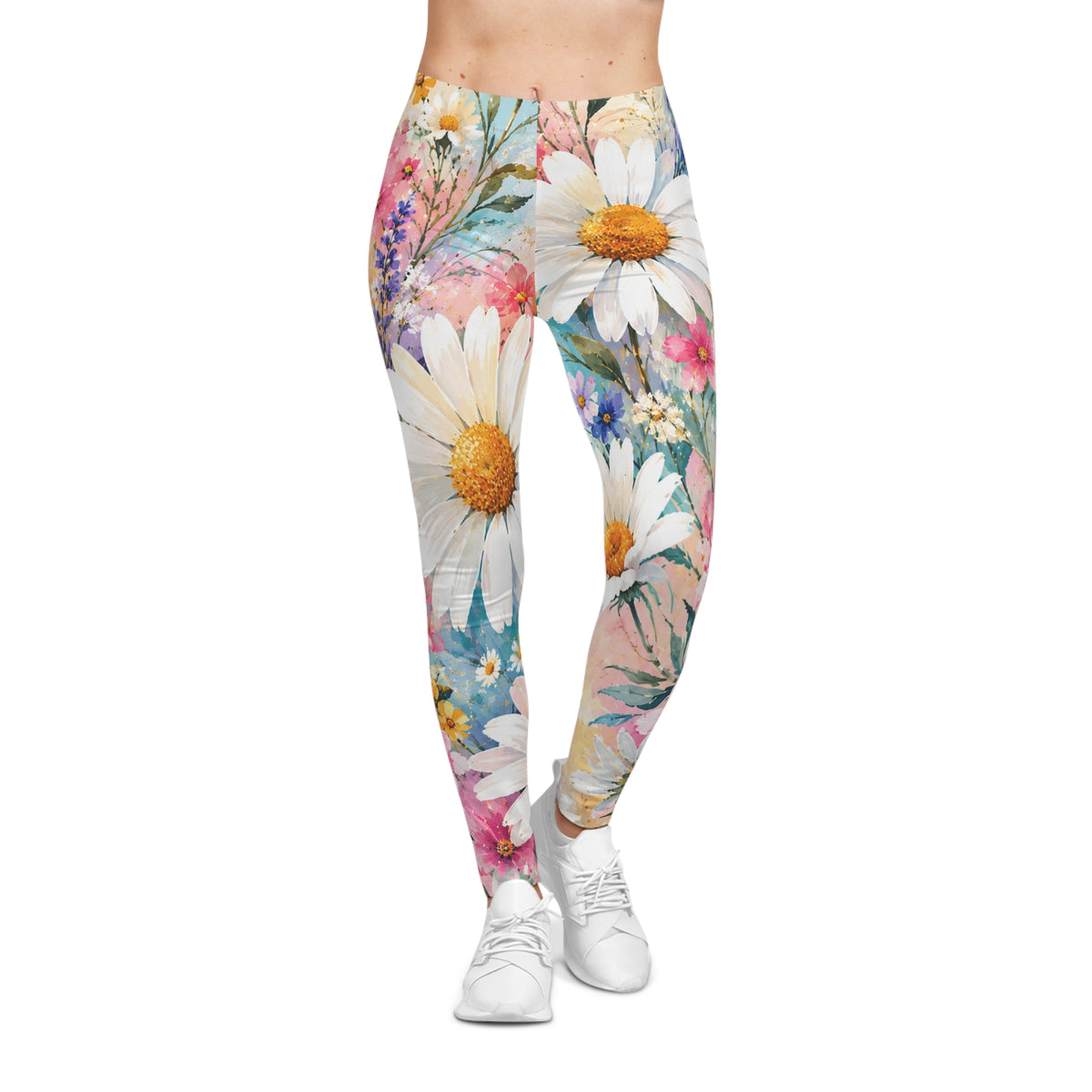 Floral Daisy Watercolor Leggings — Women's Spring Garden Activewear
