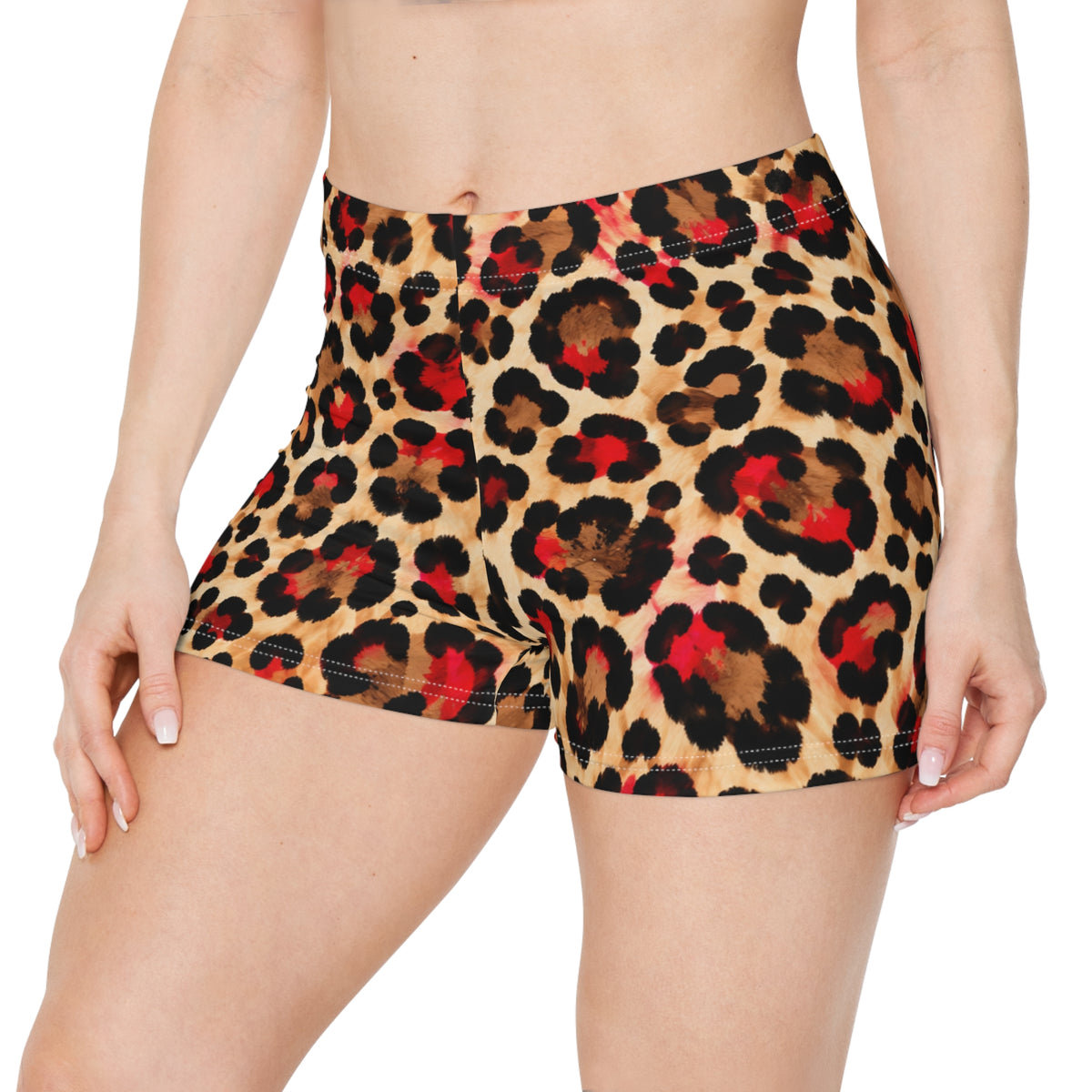 Leopard Print Women's Active Shorts — Red Accent Animal Print Bike Shorts