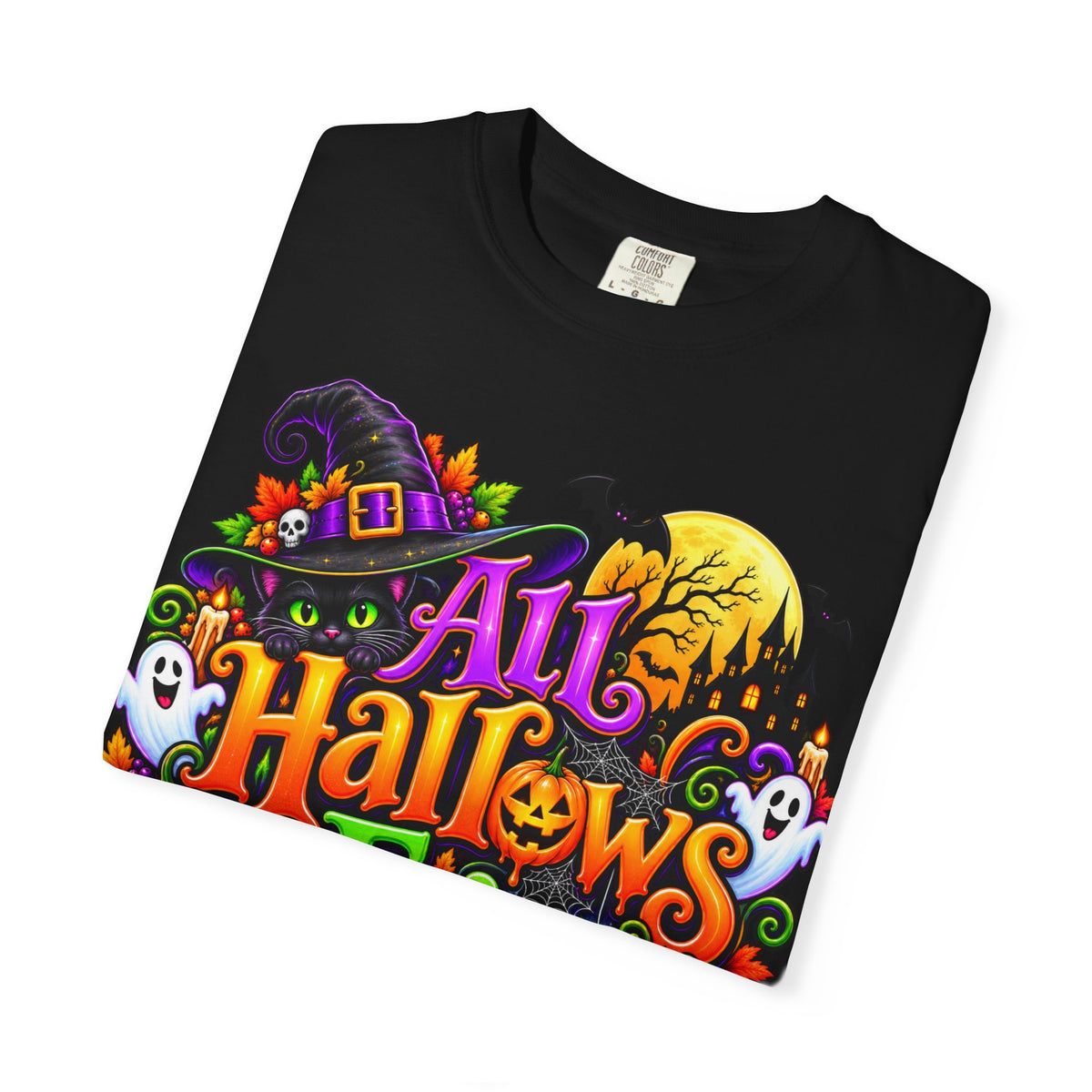 All Hallows Eve Halloween T-Shirt — Colorful Witch, Pumpkins & Ghosts Design