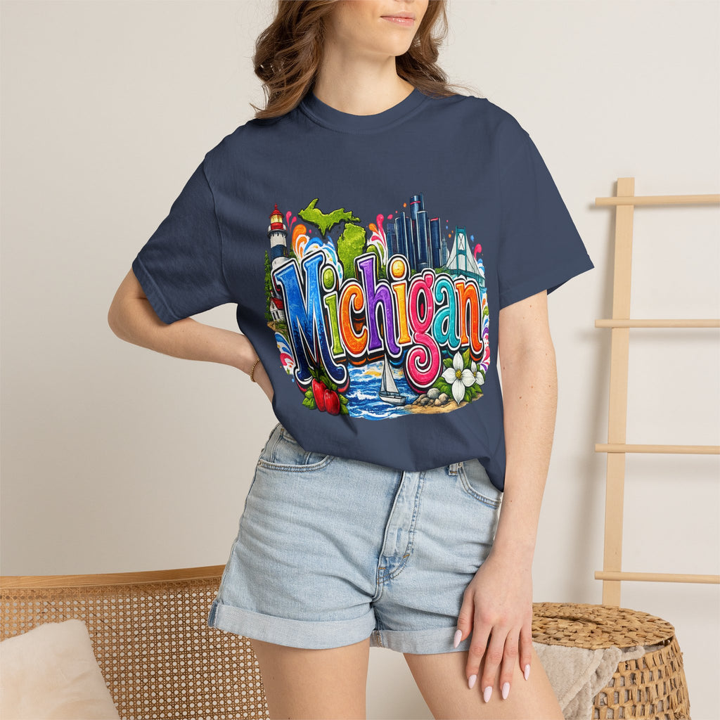 Michigan State Scene T-Shirt | Lighthouse, Skyline, Great Lakes