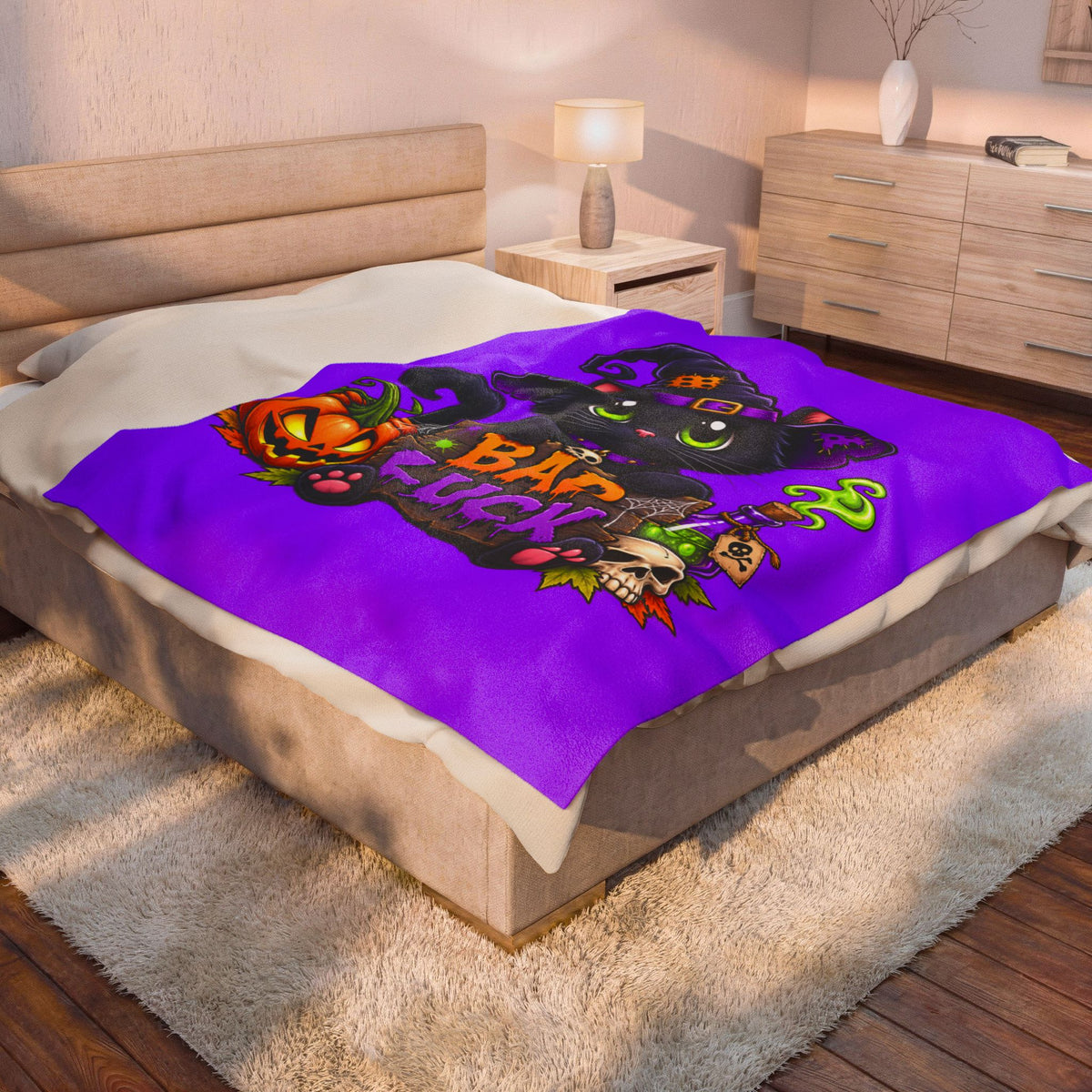 Halloween 'Bad Luck' Black Cat Plush Blanket - Soft Velveteen Throw