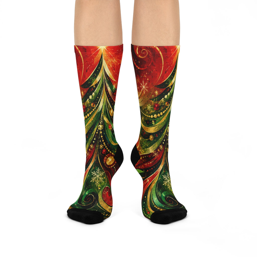 Christmas Tree Crew Socks — Festive Red & Green Holiday Cushion Crew