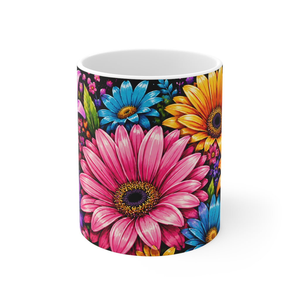 11oz Floral Coffee Mug — Bright Colorful Daisy & Lily Wrap