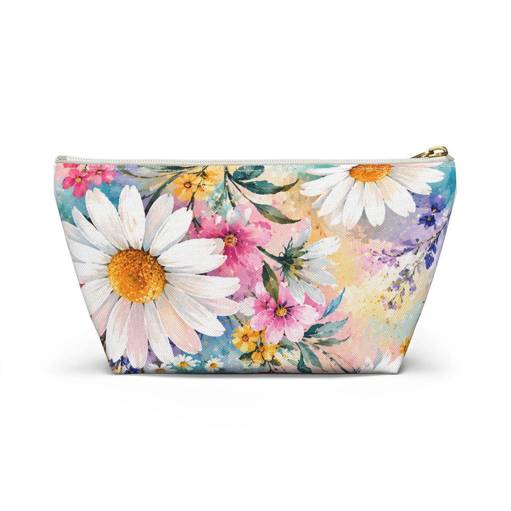 Daisy Meadow Accessory Pouch — Floral Cosmetic T‑Bottom Bag